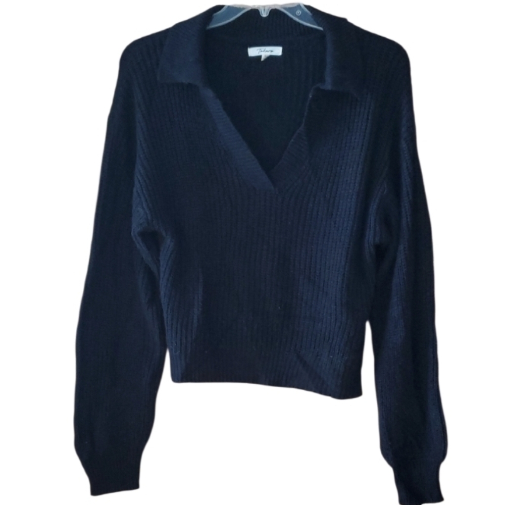 Takara Womans Black Fuzzy Knit Cropped Johnny‎ Collar Sweater Size XL